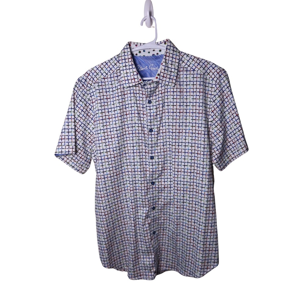 Robert Graham Mens Short Sleeve Button Down Shirt Multi Color Grid White Size M